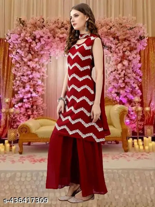 Georgette embroidered Kurta Sharara set with dupatta, single size. Indian ethnic wear featuring sleeveless design and touch-up sequence embroidery