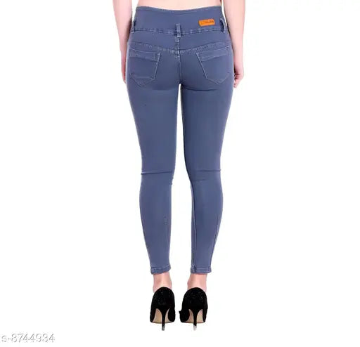 Grey high-rise slim fit denim lycra jeans with applique net detail, ankle length, size 36 or 38 (waist 36in/38in, length 37in), made in India