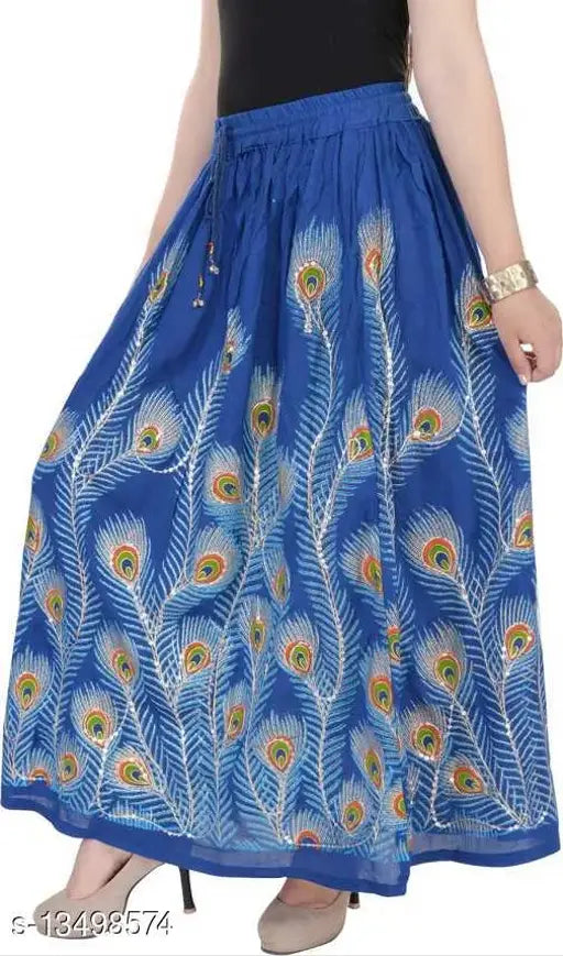 Peacock feather print rayon skirt, free size from Fashiana