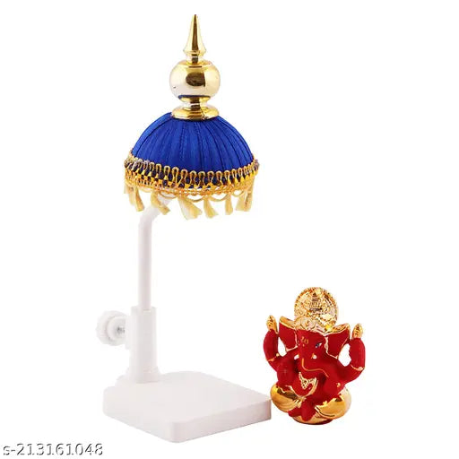 Red marble Ganjesha ji, seated on blue Chhatri with yellow chhalar, Indian handicraft