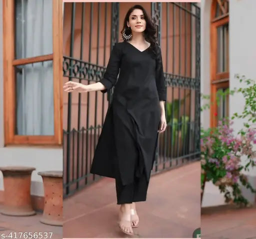 Black rayon kurti palazzo set, solid black cotton kurti with elastic waist palazzos, traditional Indian attire