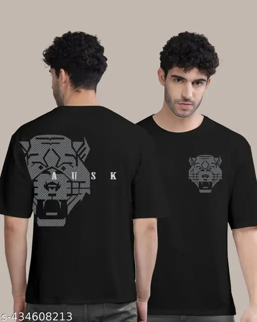 Black cotton men's typography round t-shirt, oversized with short sleeves, printed pattern, suitable for gym, yoga, casual or special events. Made in India
