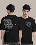 Black cotton men's typography round t-shirt, oversized with short sleeves, printed pattern, suitable for gym, yoga, casual or special events. Made in India