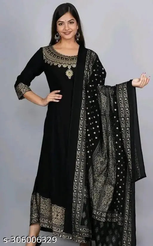 Black Printed Pure Cotton Kurti & Dupatta Set - Traditional Indian Ethnic wear for women, featuring intricate designs and versatile styling, suitable for various occasions and appropriate for all ages