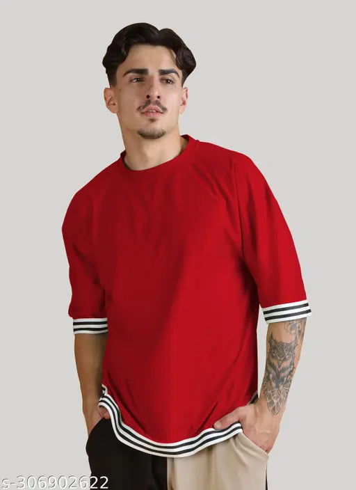 Oversize stripe v-cut cotton blend tee, solid color, short sleeves - India