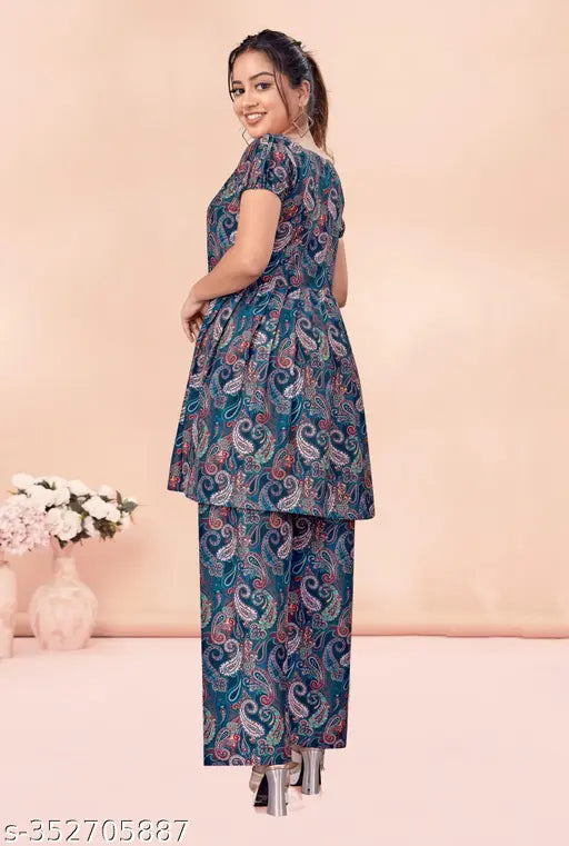 Bosaru women's coord set with leaf print cotton blend kurta & palazzos, vibrant printed net style on display