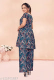 Bosaru women's coord set with leaf print cotton blend kurta & palazzos, vibrant printed net style on display