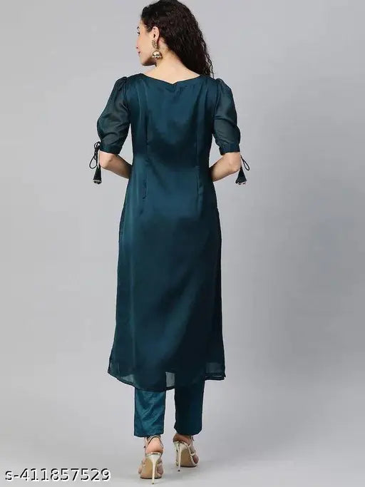 Georgette women's kurta set with crepe pants, solid pattern, short sleeves