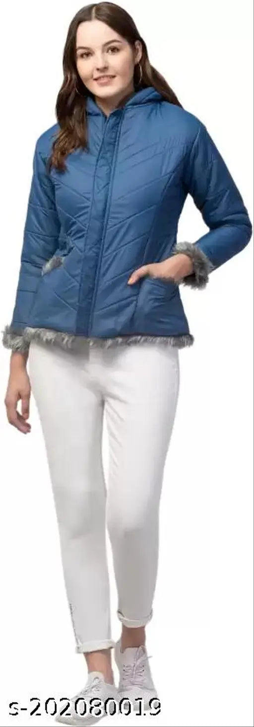 Solid fur women's and girls jacket, S (34in bust, 25in length), warm winter parka with hood, curved hemline, faux fur trim & lining