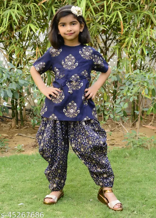 Misbis blue floral printed designer kurta with dhoti pants set for baby girl. 100% rayon, soft touch feel, A-line top, dhoti pants, three-quarter sleeves. Baby girl fashion accessory in India