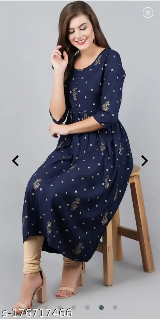Navy Blue Rayon Three-Quarter Sleeve Printed Kurtis for Women on display, India origin
