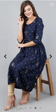 Navy Blue Rayon Three-Quarter Sleeve Printed Kurtis for Women on display, India origin