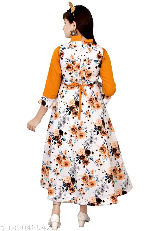 Cotton blend girls frock gown dress with printed net, three-quarter sleeves, high quality Indian make