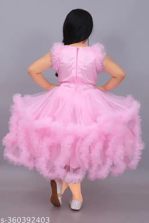 Pink embellished net baby girl birthday party frock, 2-13 years, soft fur detailing, handcrafted Indian wedding dress for kids