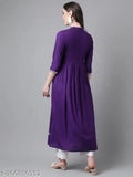 Violet sequin embroidered viscose rayon kurti, three-quarter sleeves, Chikankari pattern, flared design, India origin