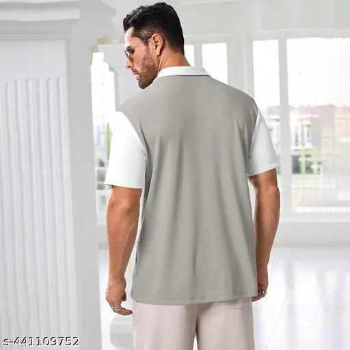 White cotton blend regular fit colorblock polo neck t-shirt, half sleeves, perfect for casual outfits