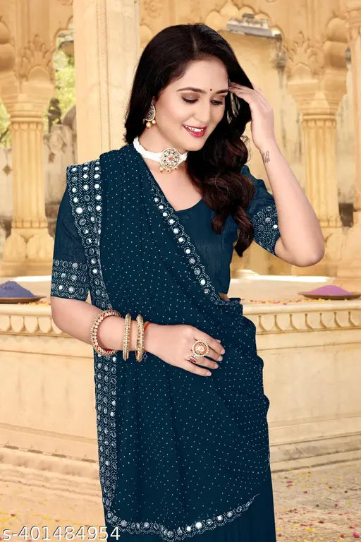 Embellished Georgette Queen Firoji saree with Bangalori silk blouse, heavy Swarovski and Mirar diamond border work for wedding and party wear, free size (5.5m length) from India