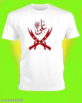 White Lycra round neck, half-sleeve Ya Ali Arabic Logo men's t-shirt. Muslim, Momin, Ali branded apparel from India