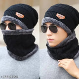 Black wool beanie cap & neck warmer set (Miss8teen), snow-proof, thick fleece lining, unisex, Indian-made