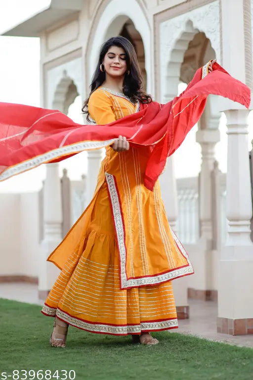 Sahara-hued pure cotton kurta sharara with dupatta set on display, women's three-quarter sleeve gota lace style from Ramani Store