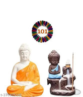 Handcrafted Brown-Blue Backflow Buddha and Orange Lord Buddha statues with 101 free incense cones, made from durable polyresin material. Indian artisan-made spiritual home decor