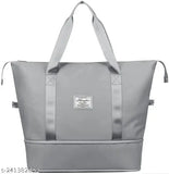 Grey foldable travel duffel bag, lightweight waterproof polyester, large capacity for yoga, women, girls, ideal for gym and sports, waterproof bottom extension, easy to carry with hand or shoulder strap