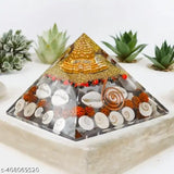 Large crystal Shree Yantra pyramid with Rudraksha, Gomati Chakra, Chirmi & Kaudi Shells - Vastu for spiritual growth, decor, or Feng Shui. Handmade, quality checked, 10cm x 10cm x 10cm, India origin