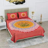 Orange Jaipuri print cotton flat sheets - Soft, breathable, cozy double bed bedsheet by Poorak
