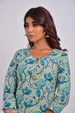Green pure cotton straight kurta for plus size women, featuring a crepe texture and three-quarter sleeves. Swasti brand, solid combo design, size XXL (bust 44in, length 46in)