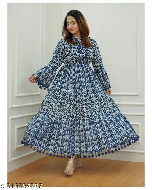 Blue rayon Anarkali kurti with long sleeves and printed combo, popular Indian traditional wear for women
