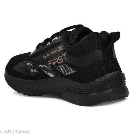 Black mesh sports running shoes for boys, durable and comfortable, ideal for various activities like running, cycling, hiking, gym, and jogging. Perfect for daily wear with any pair of jeans. Made in India