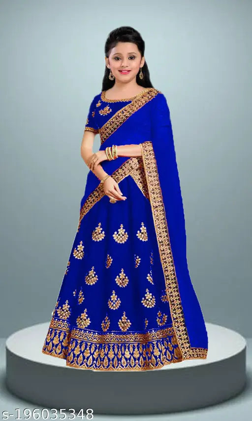 Taffeta silk embroidered lehenga choli set with net dupatta for kids (Indian traditional wear), featuring short sleeves and intricate stitching
