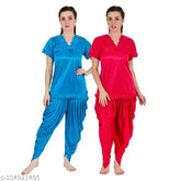 Women's satin night suits combo in solid patterns, perfect for sleepwear and lounging at home