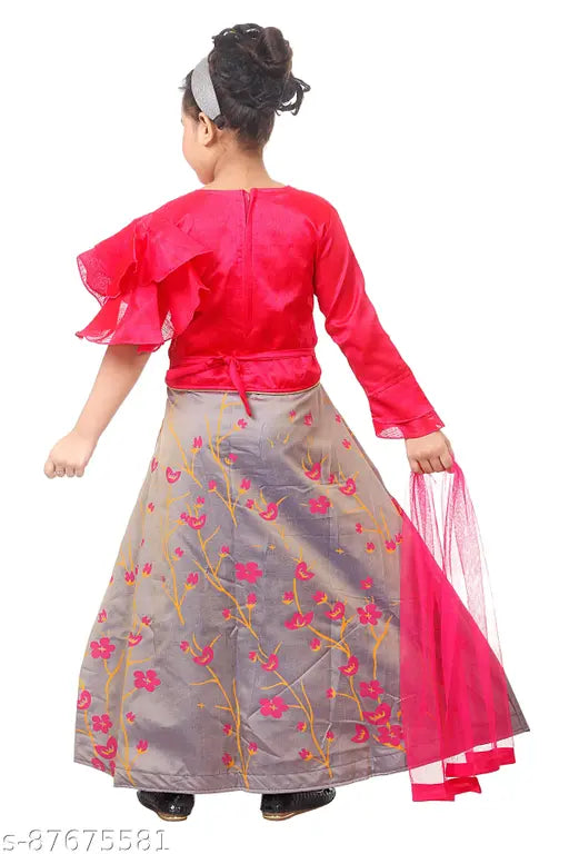 Red Art Silk Girl's Floral Lehenga with Cotton Lining, long sleeves, embroidered design