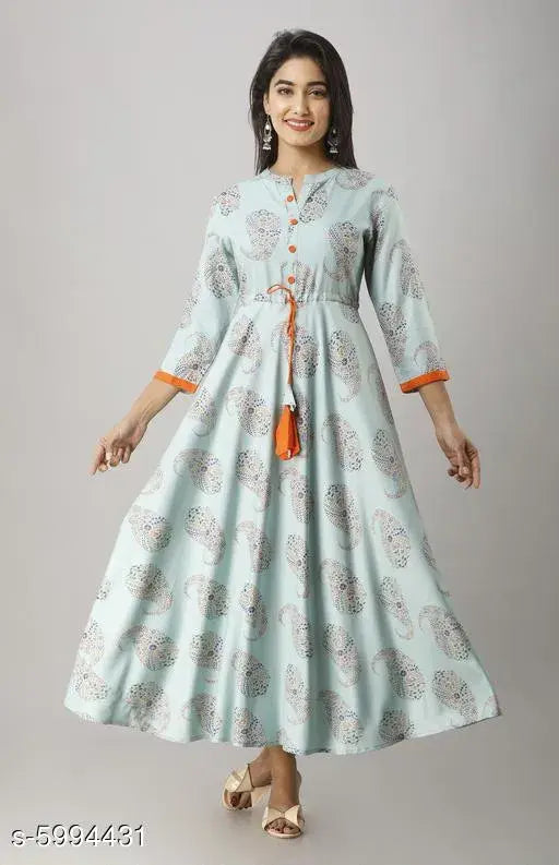 XL printed cotton cambric anarkali kurti with three-quarter sleeves, Indian women's fashion