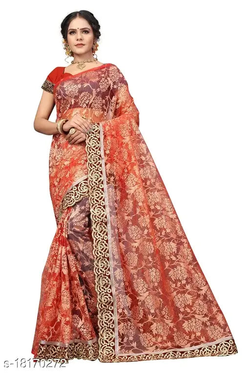 Embellished net saree with separate dupion silk blouse, Indian hand-embroidered free size (N), 5.5m long