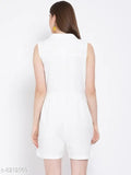 White women's cotton playsuit, solid color regular fit with sleeveless design by Oxolloxo on display rack