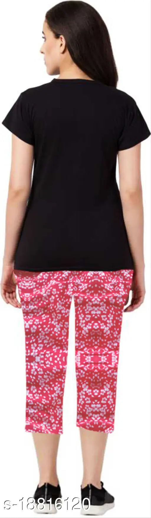 Cotton women's top and bottom set, short-sleeved, sensational fancy style. India-made fashion ensemble for size S (34in bust, 26in length), M (36in bust, 26in length), L (38in bust, 27in length)