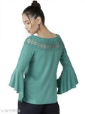 Green viscose rayon A-line top for women, solid design with three-quarter sleeves. XS (33in bust, 22in length), S (34in bust, 23in length), M (36in bust, 24in length), XXL (46in bust, 28in length). Made in India