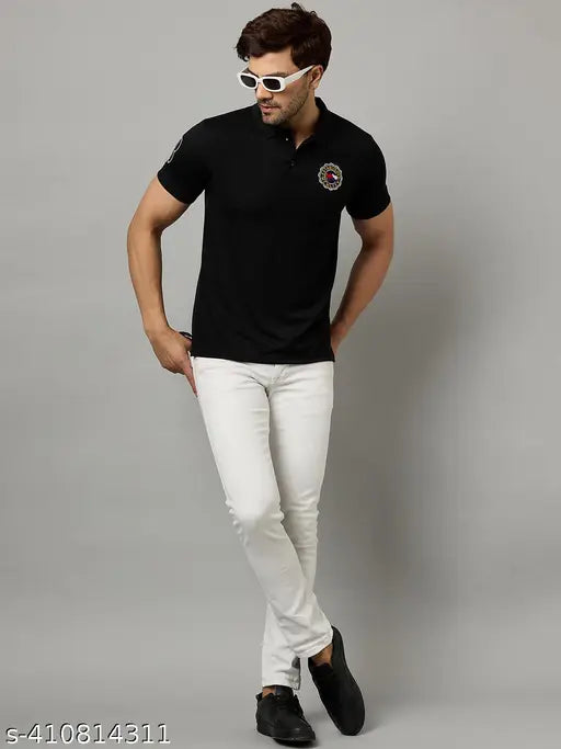 Men's cotton blend polo neck t-shirt with half sleeves, embroidered design, size M (38" chest, 28" length), Made in India. Classic denim jeans and sneaker ready
