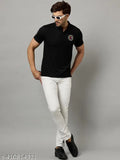 Men's cotton blend polo neck t-shirt with half sleeves, embroidered design, size M (38" chest, 28" length), Made in India. Classic denim jeans and sneaker ready