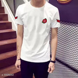 Trendy white cotton rose patch t-shirt, short sleeves with printed net pattern, available in various sizes from S to XXL. Made in India