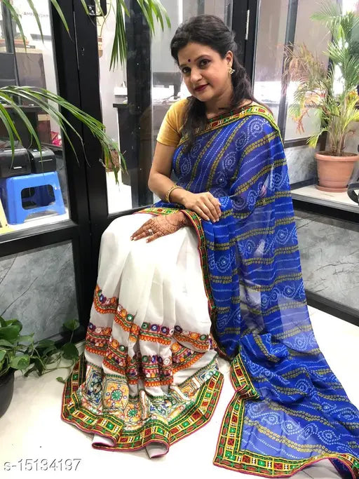 Indian Georgette half-and-half bandhani saree with Kutchi embroidery, embellished net blouse, free size (length: 5.5m, blouse length: 0.8m)