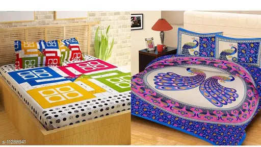 Peacock print microfiber bedsheet set for two double beds with matching pillow covers, ludo and peacock design on display