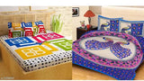 Peacock print microfiber bedsheet set for two double beds with matching pillow covers, ludo and peacock design on display