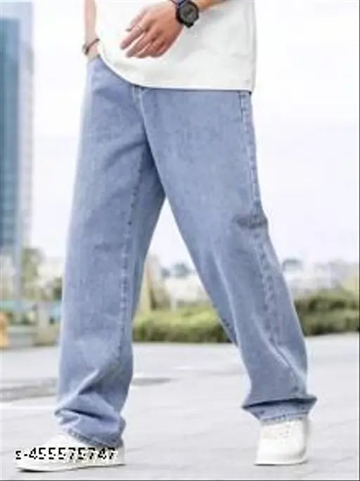 Denim baggy jeans for men, solid-colored, loose fit and comfortable urban trousers. Sizes: 28(30x42), 30(32x42), 32(34x42), 34(36x42), India origin