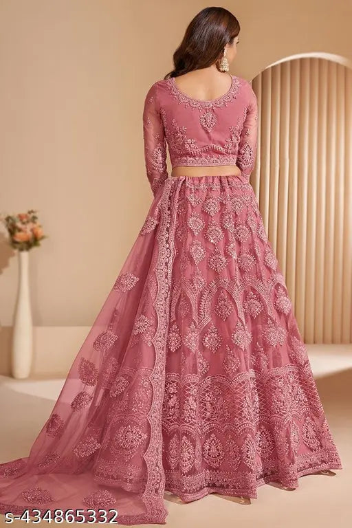 Pink silk blend semi-stitched lehenga with unstitched blouse & dupatta, intricate thread work, paisley design, Indian origin