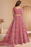 Pink silk blend semi-stitched lehenga with unstitched blouse & dupatta, intricate thread work, paisley design, Indian origin