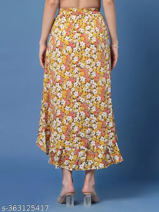 Yellow OOMPH Women's printed net A-line crepe skirt with ruffles, elastic waist, high-low style. Indian origin, size XS (W30, L38, H32)