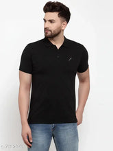 Black cotton blend polo neck short sleeved t-shirt for men, embossed design